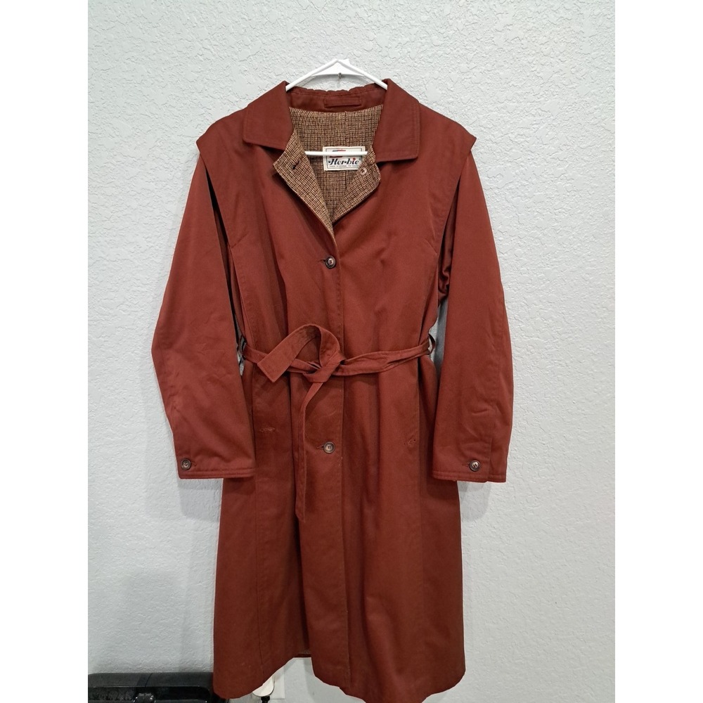 VTG 70s 80s Herbie Women's Trench Coat Long Belted Retro Burgundy RED Size 13/14